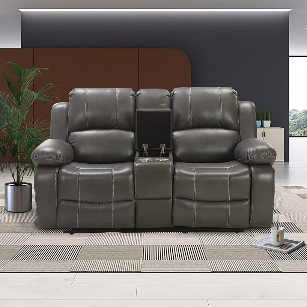 Double Recliner Chairs - Pannow Double Recliner Loveseat with Console Slate, Double Reclining Sofa with Cup Holder