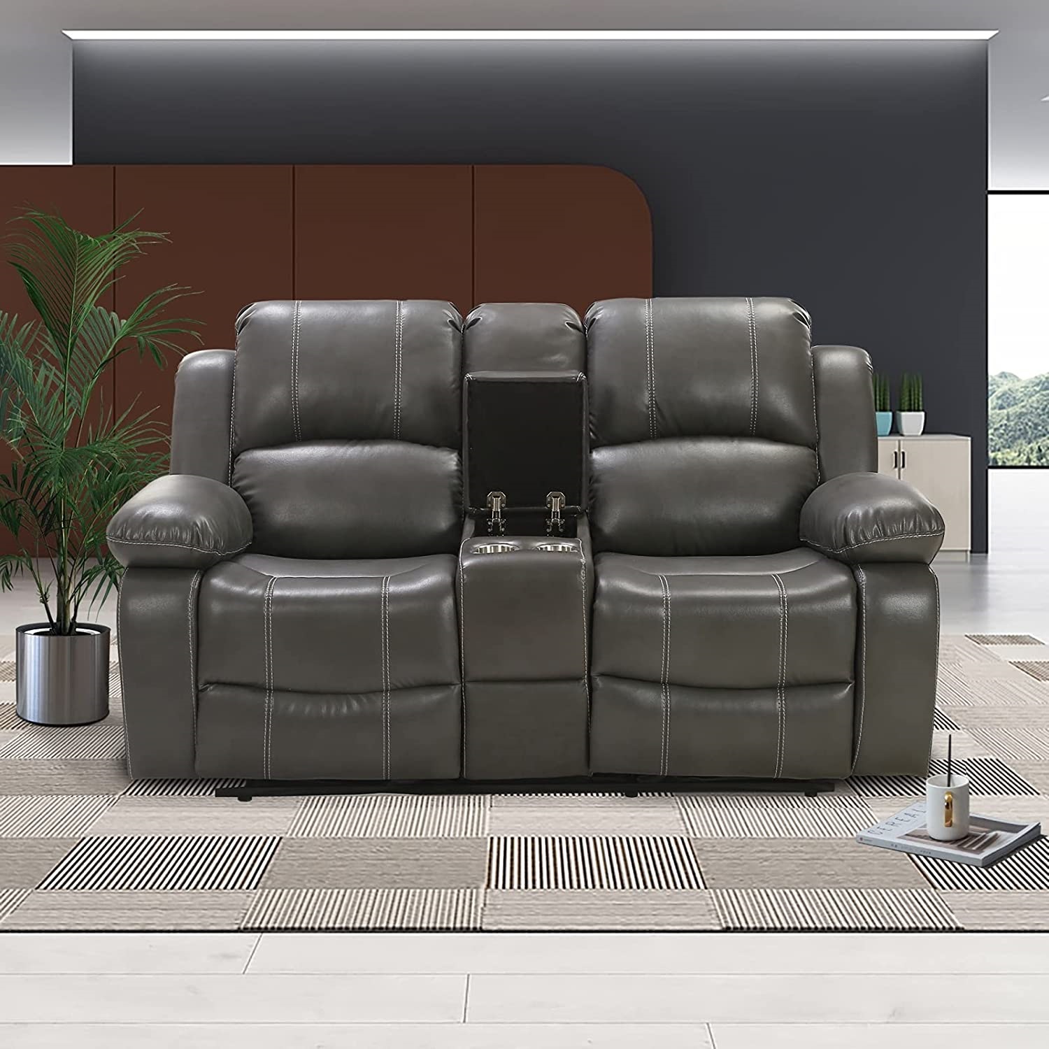 Pannow Double Recliner Loveseat with Console Slate, Double Reclining Sofa with Cup Holder