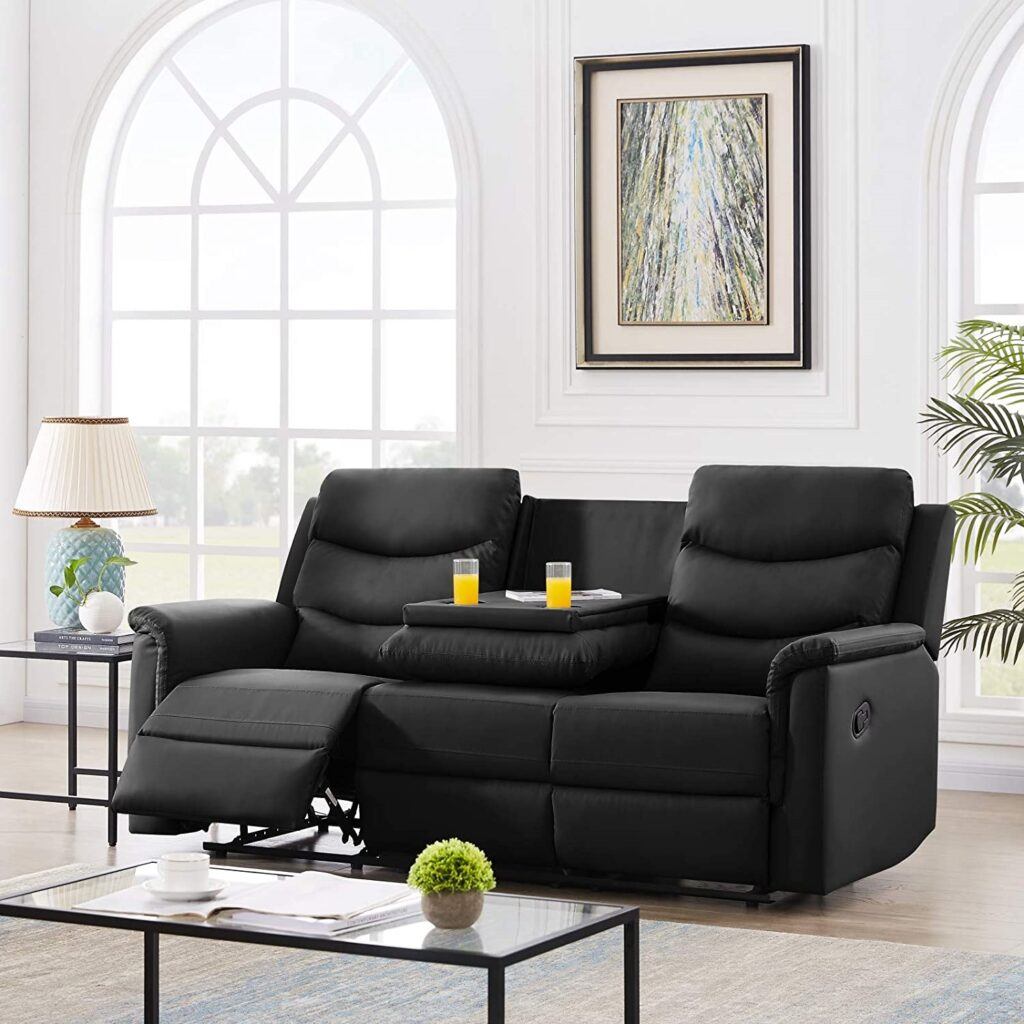 Best Fabric Reclining Loveseats - Pannow Double Recliner Loveseat with Console Slate, Double Reclining Sofa with Cup Holder