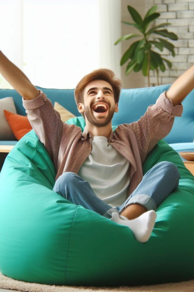 Happy Person Sitting in a Bean Bag Chair Pinterest Image