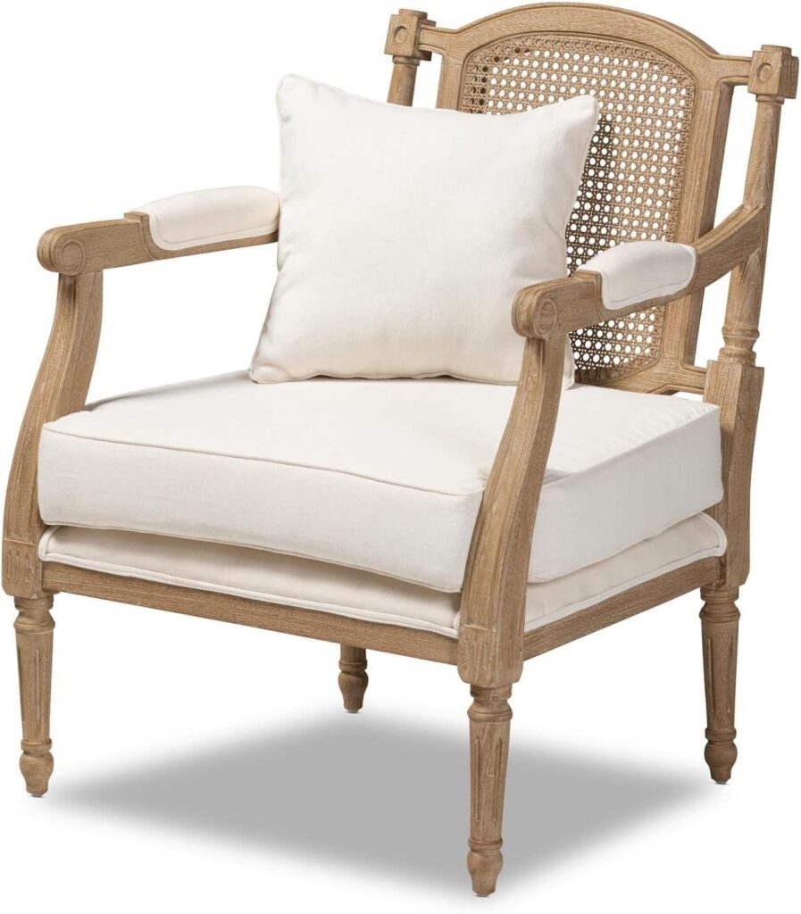 Wood Armchairs - Baxton Studio Clemence Ivory Upholstered Whitewashed Wood Armchair