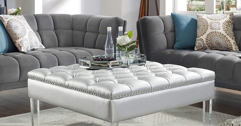 Coco Silver Leather Acrylic Ottoman - Cocktail Coffee Table