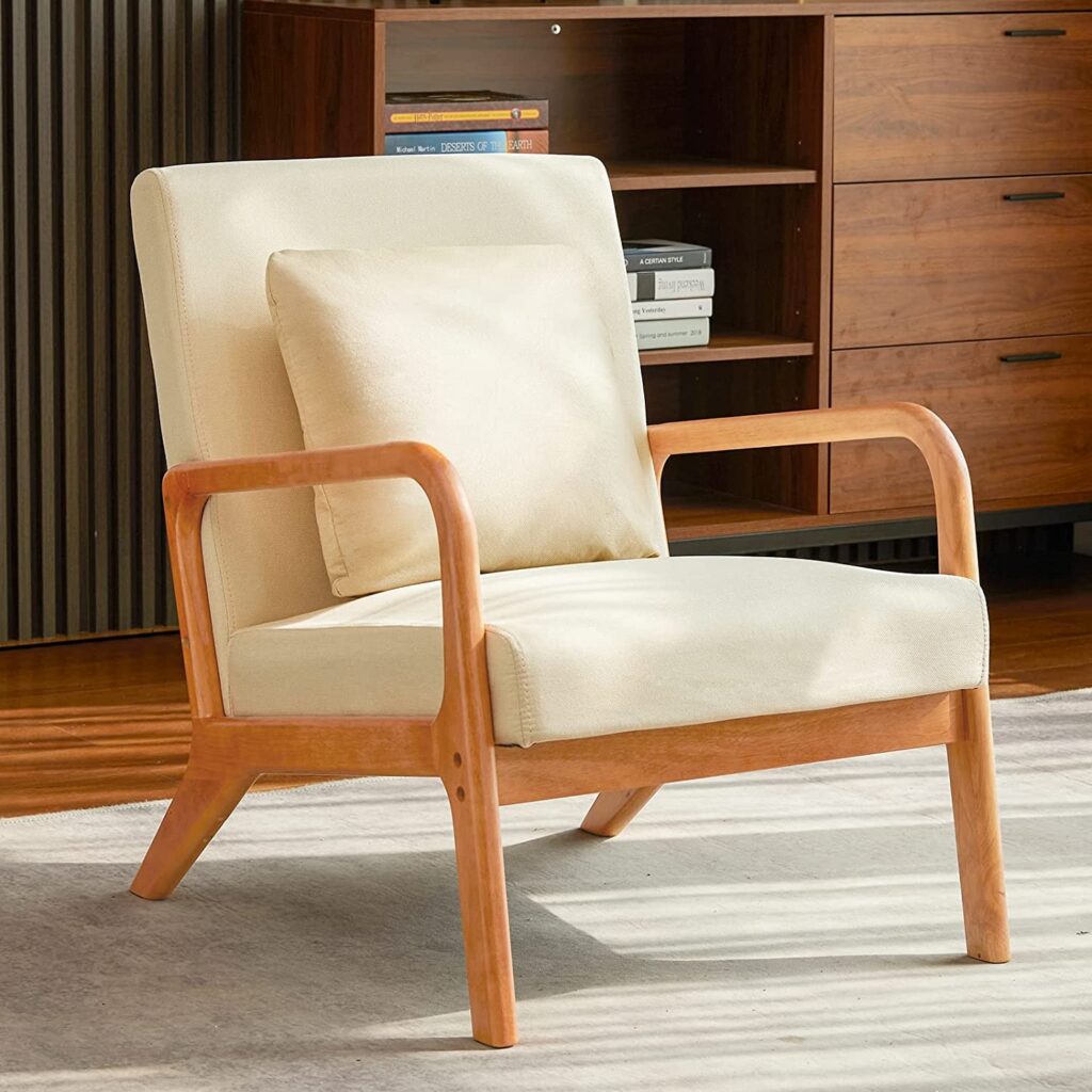 Wood Armchairs - ELUCHANG Mid-Century Modern Accent Chair with Cushion