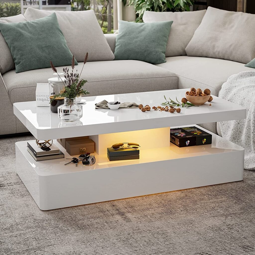 Coffee Table for a Reclining Sofa - IKIFLY Modern High Glossy White Coffee Table