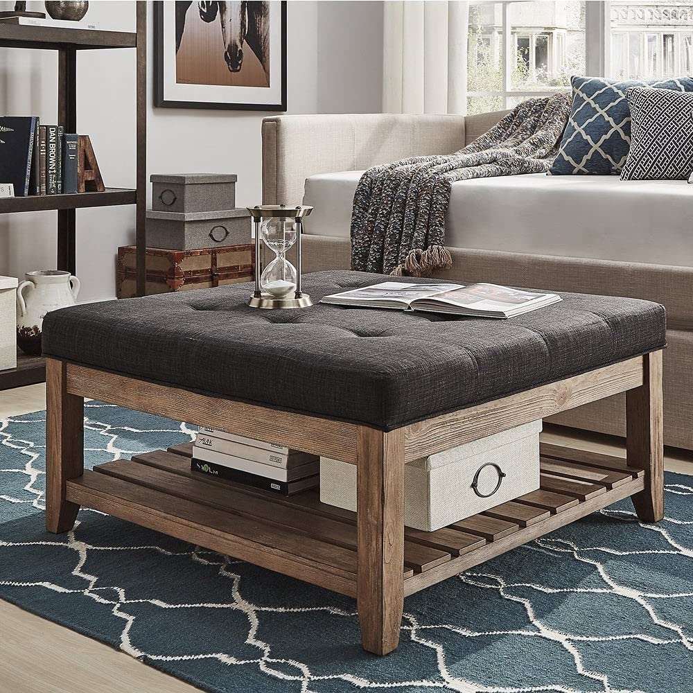 Leather Cocktail Ottomans - Inspire Q Lennon Pine Planked Storage Ottoman Coffee Table