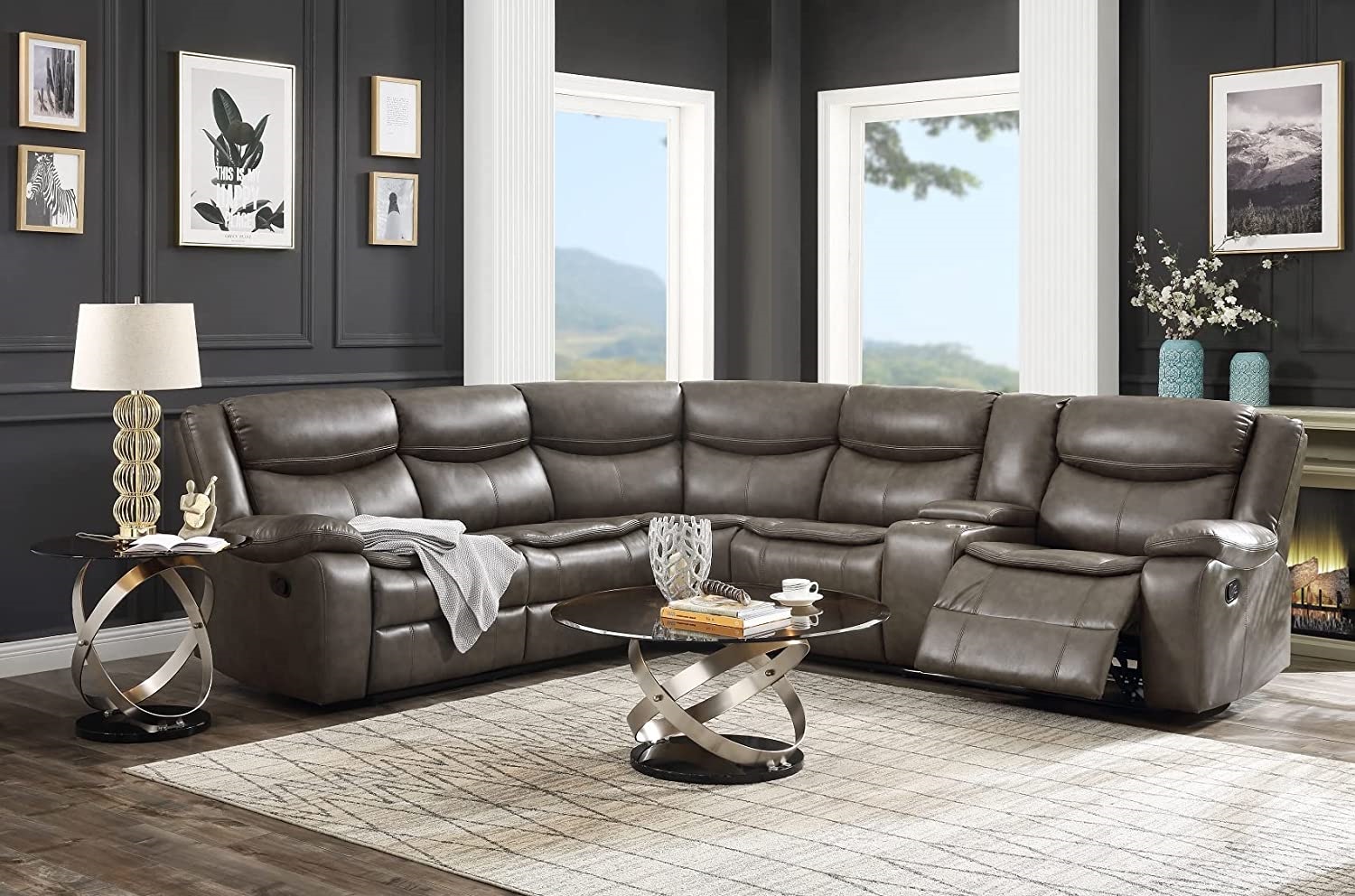 Tavin L Shaped Motion Reclining Sectional Sofa Upholstered with Taupe Leather