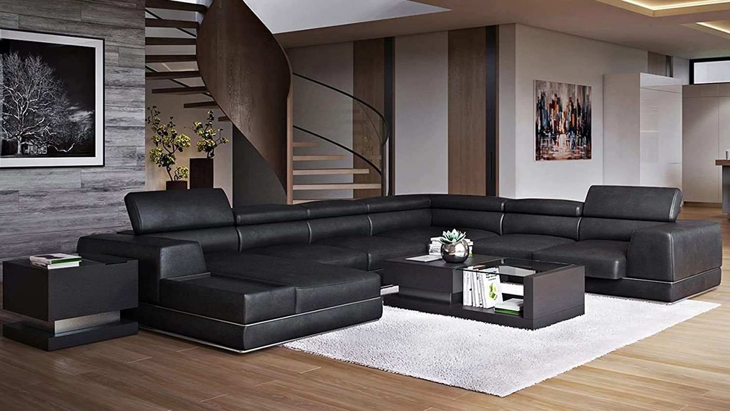 Wynn Black Leather Sectional Sofa with Adjustable Headrests