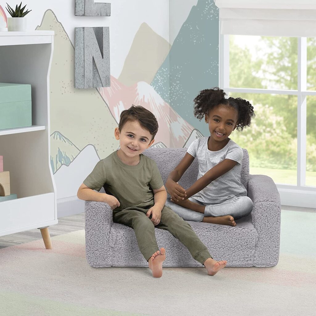 Nugget Couches for Kids - Delta Children Cozee Flip-Out Sherpa 2-in-1 Convertible Sofa to Lounger for Kids