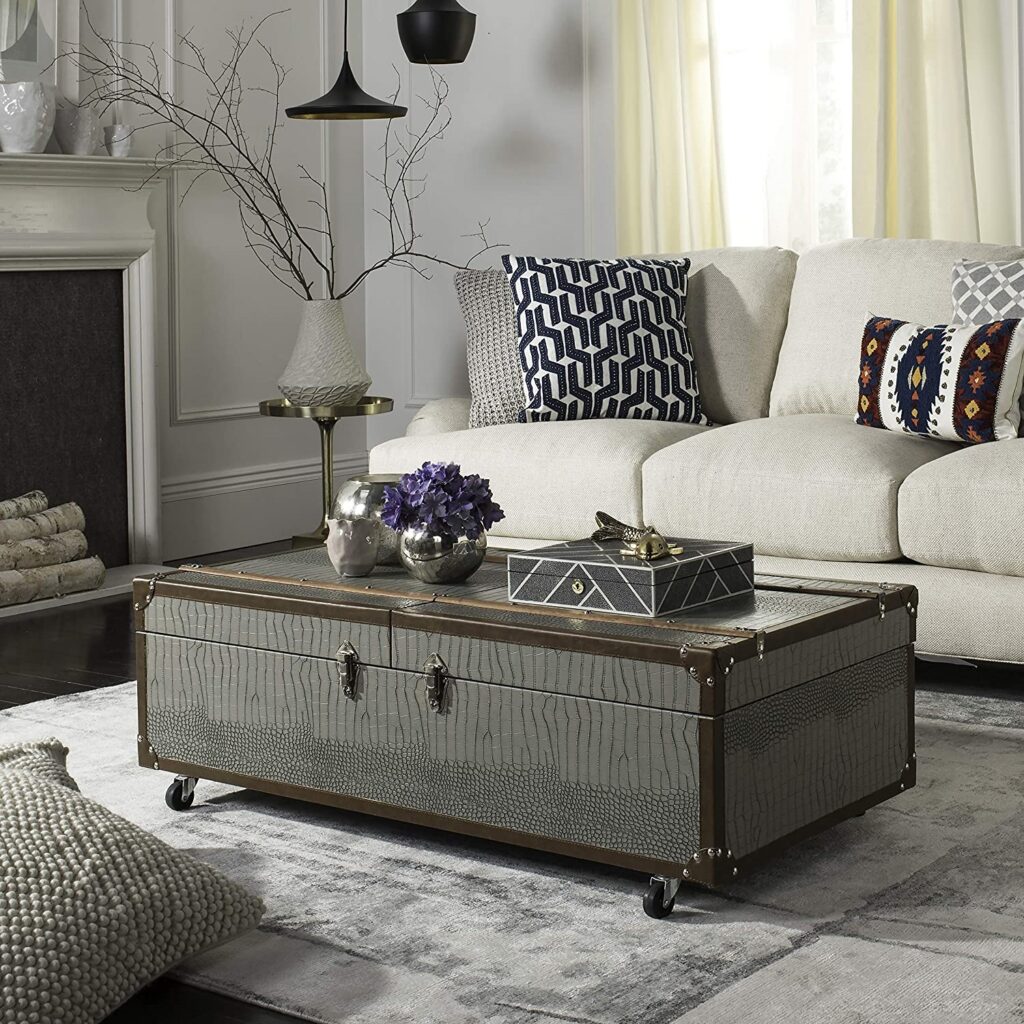 Coffee Table for Sectional  - Safavieh Home Zoe Grey Faux Leather Storage Trunk Coffee Table