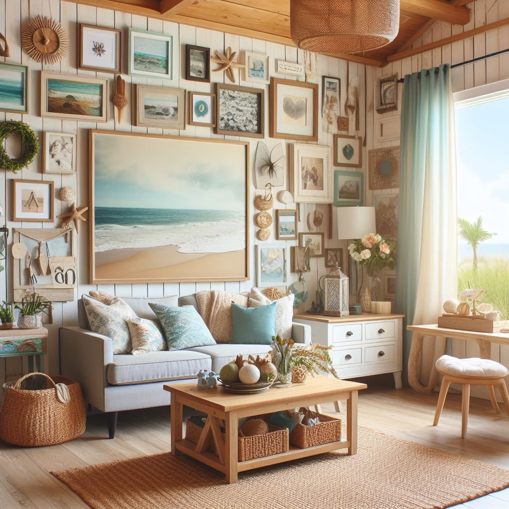 Beachy room with DIY artwork and family photos