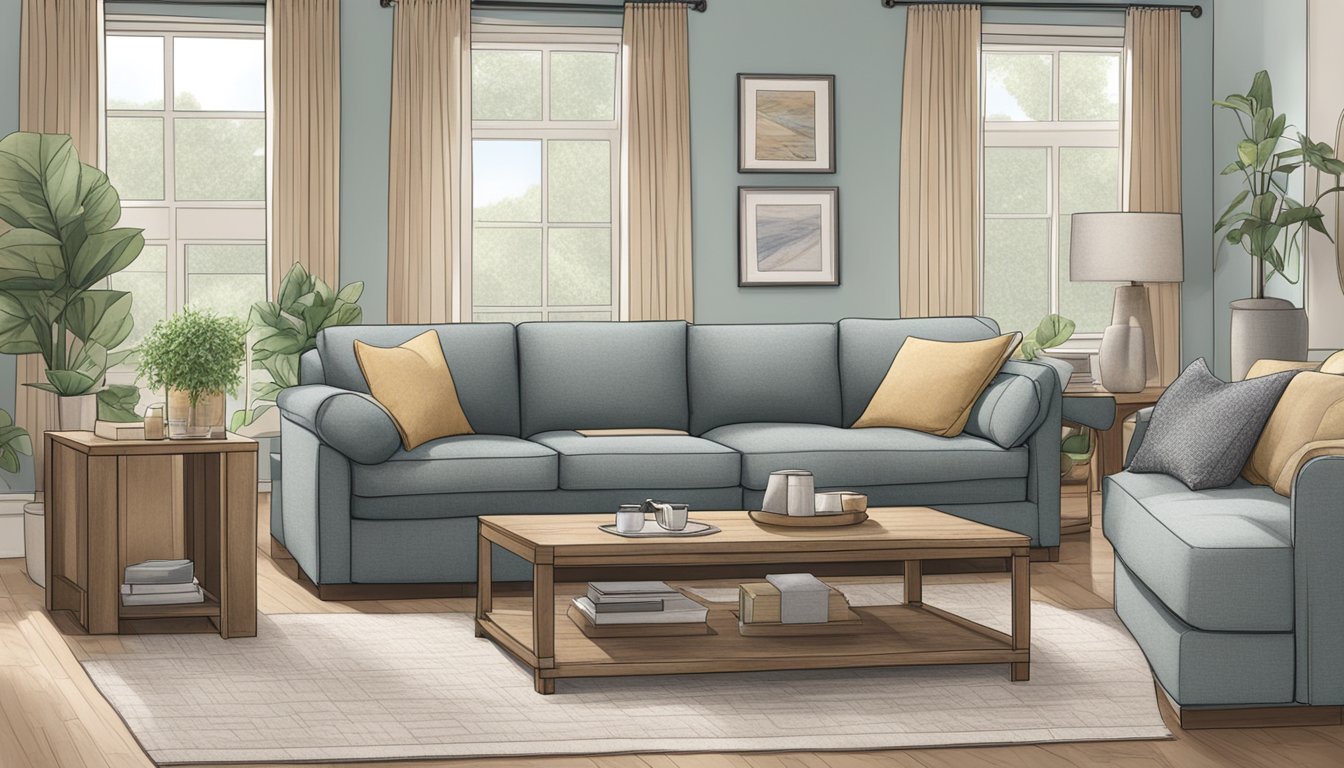 A cozy couch with durable, stain-resistant fabric, surrounded by chew-proof pillows and pet-friendly materials