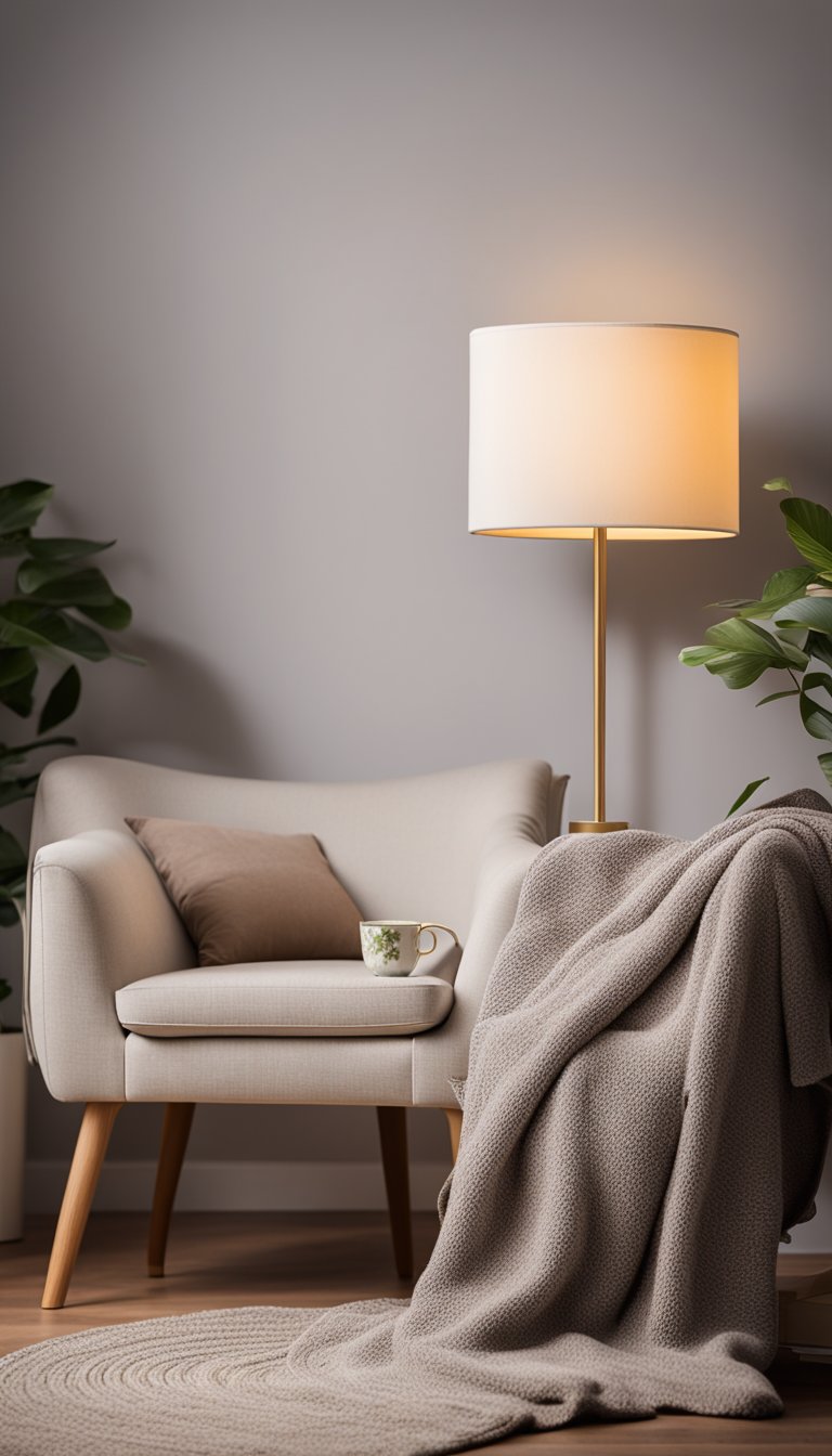 A cozy reading nook with a plush armchair, soft throw blanket, and a small side table with a warm lamp and a stack of books