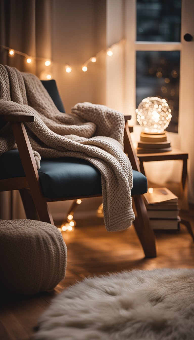 A cozy reading nook with warm string lights draped around a comfy armchair, a small side table with a stack of books, and a soft throw blanket
