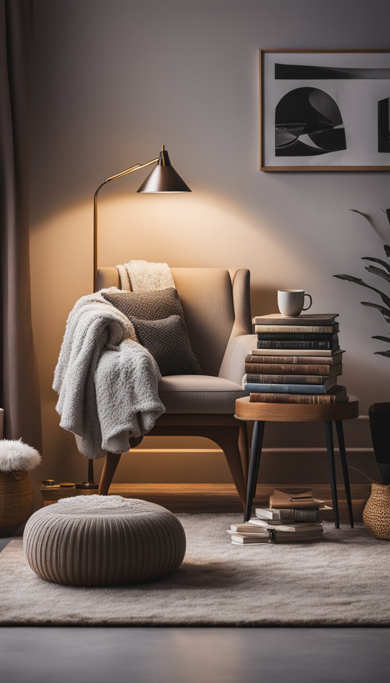 A cozy reading nook with a plush area rug, a comfortable armchair, a side table with a lamp, and a stack of books