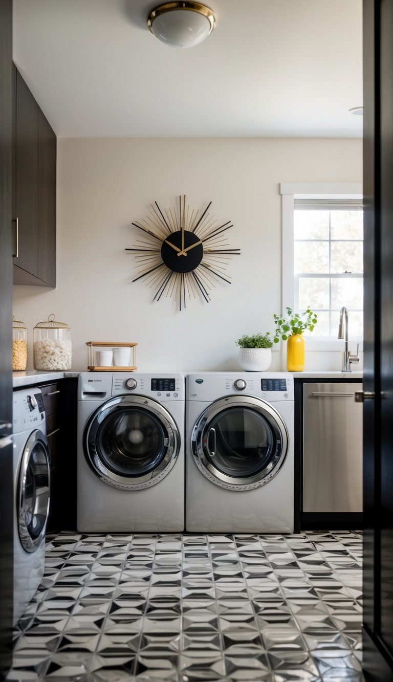A mid-century modern laundry room with a starburst clock as the focal point, surrounded by sleek appliances and retro decor