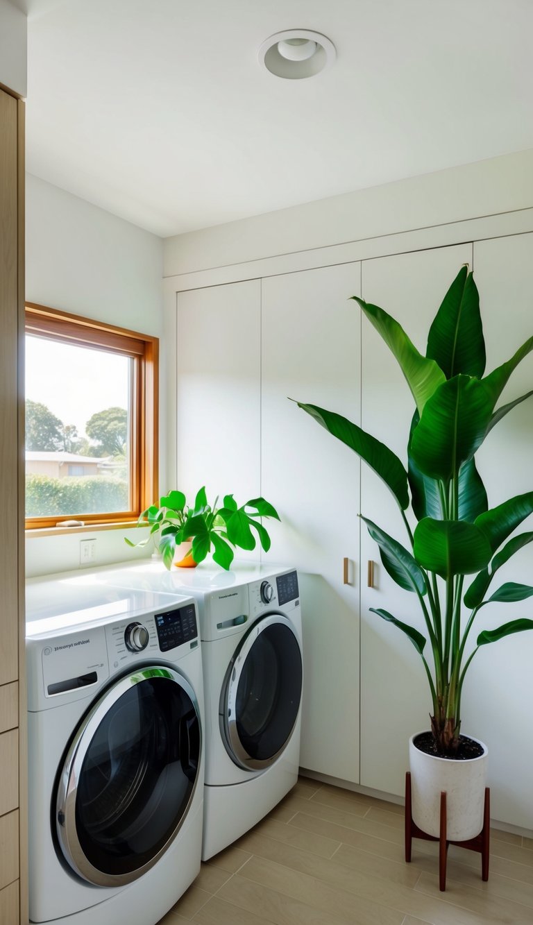 A mid-century modern laundry room with a vibrant green plant adding a pop of color to the sleek, minimalist design