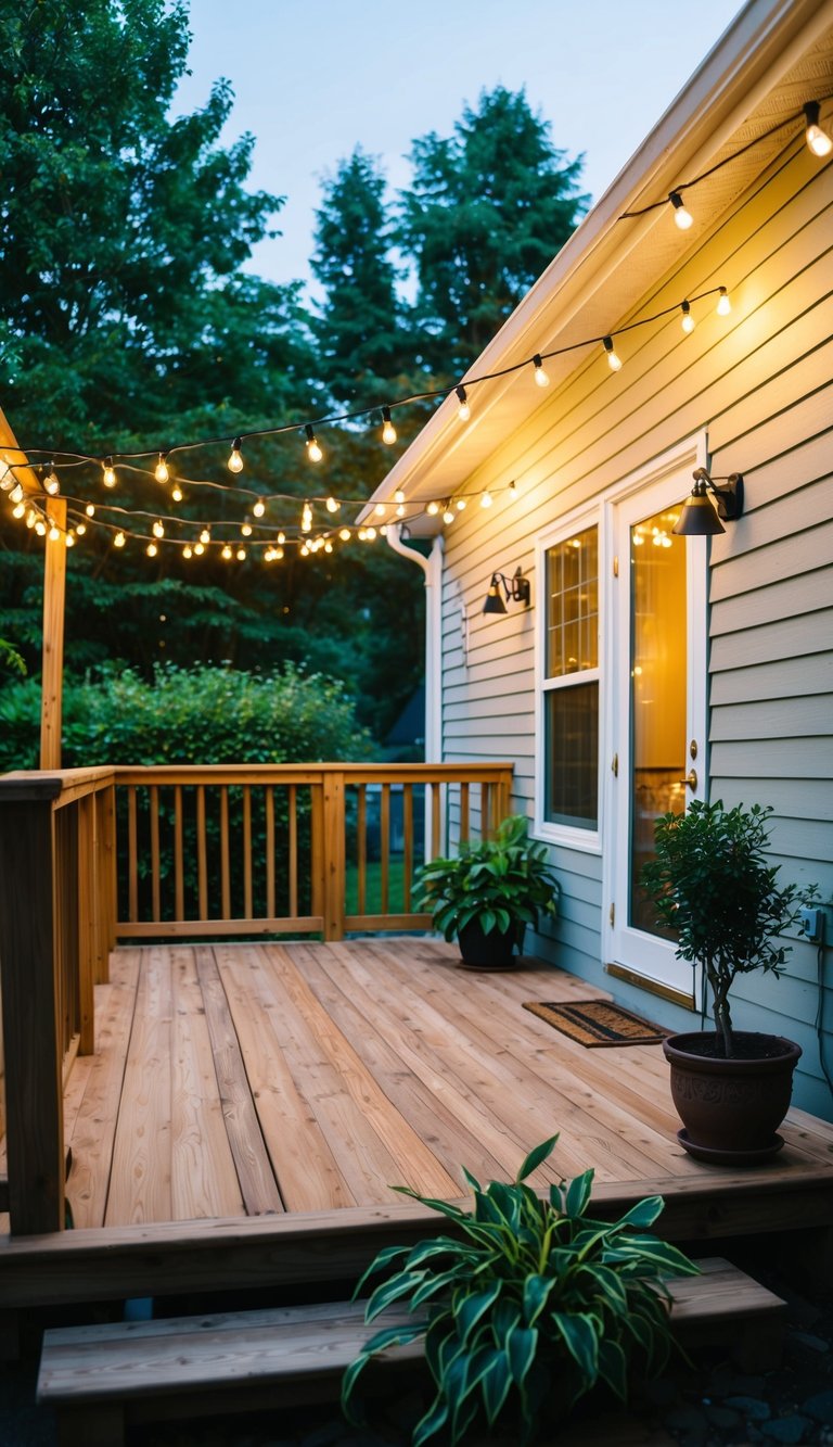 A wooden deck attached to the back of a house, adorned with outdoor string lights, surrounded by lush greenery and potted plants