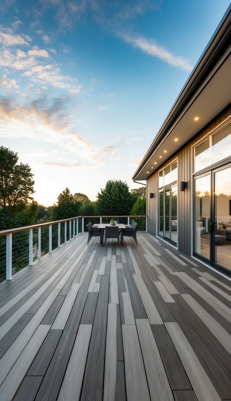 A spacious back deck with 13 different design ideas, all made with durable composite decking material, extending off the back of a modern house