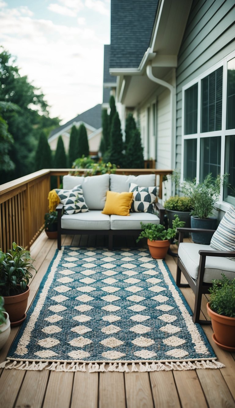 A cozy outdoor rug anchors a deck off the back of a house, surrounded by potted plants and comfortable seating