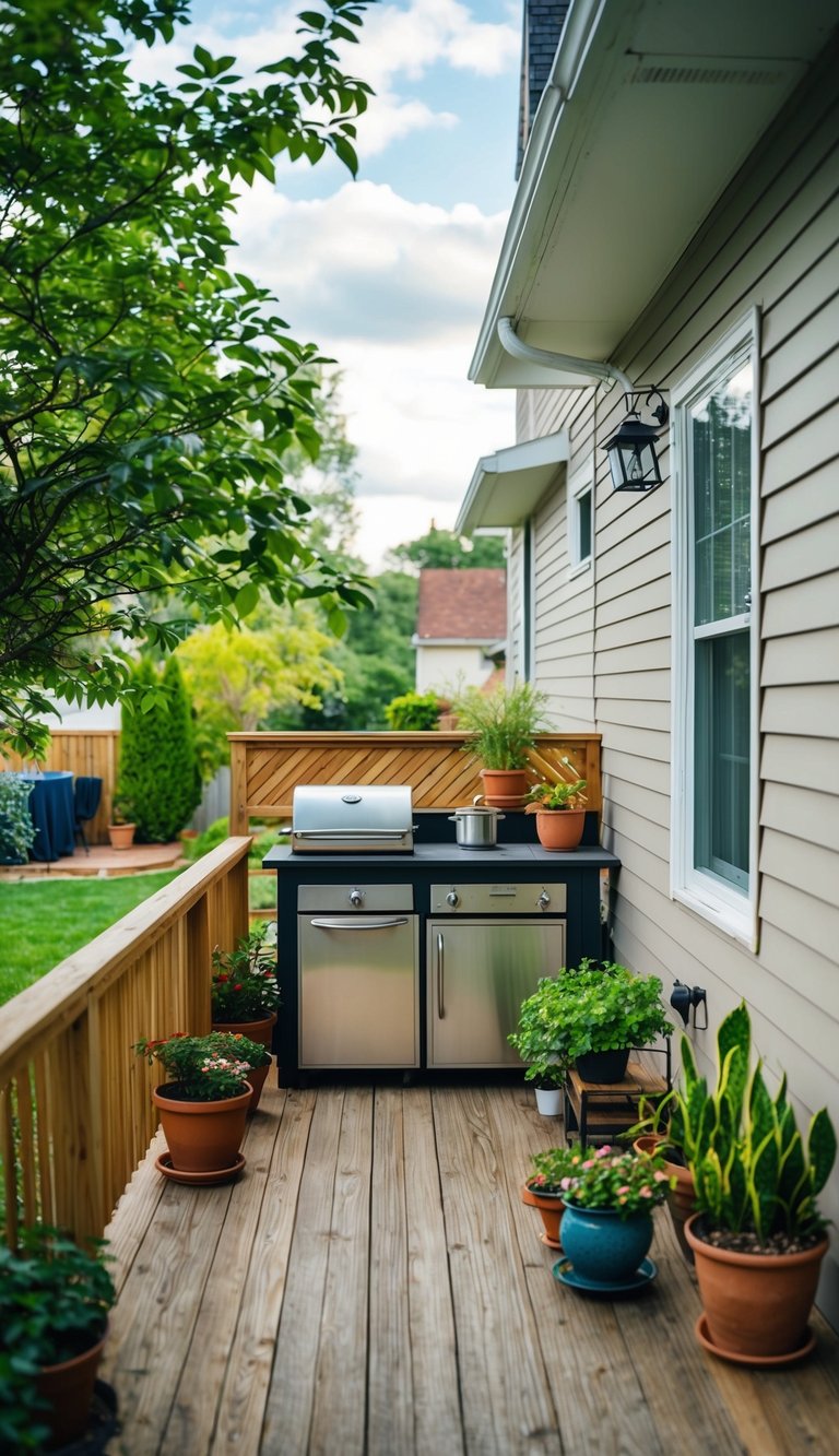 A small outdoor kitchen on a deck attached to the back of a house, surrounded by potted plants and with a view of the yard