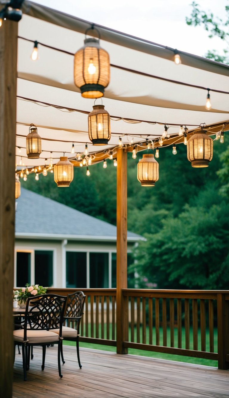 A canopy with hanging lanterns is set up on the deck off the back of a house