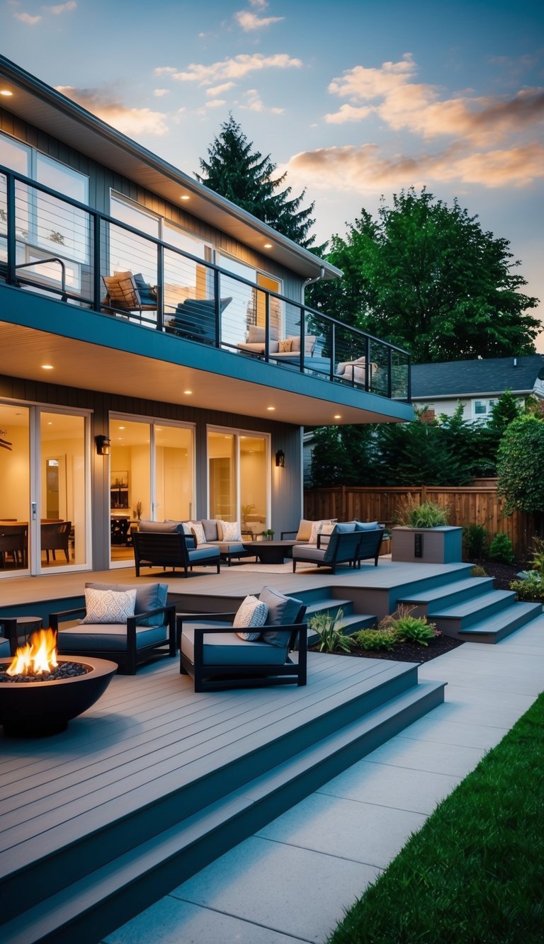 A spacious multi-level deck extends off the back of a modern house, with various seating areas, a built-in fire pit, and lush landscaping