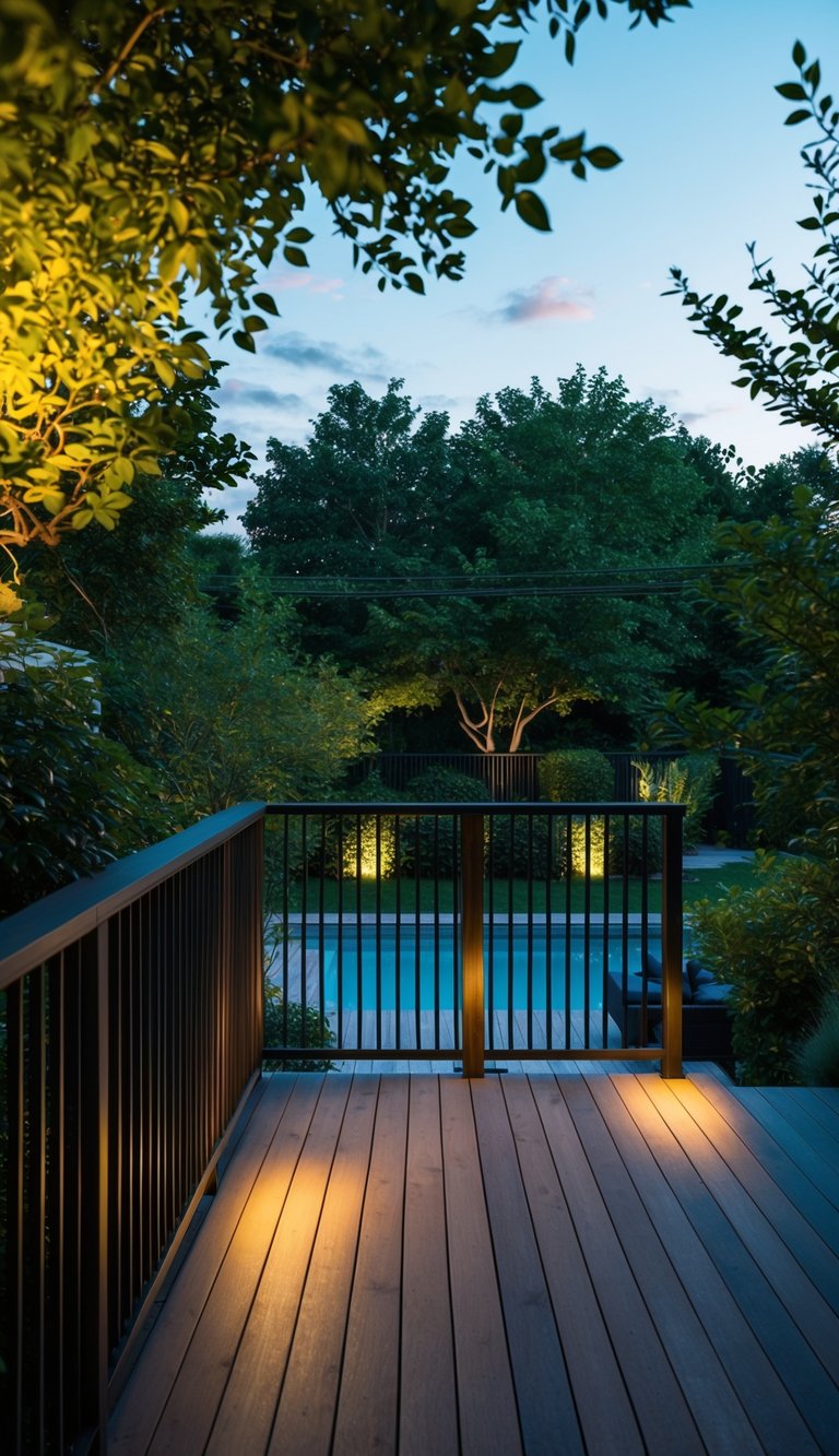 A modern deck with ambient lighting, surrounded by lush greenery and overlooking a serene backyard landscape