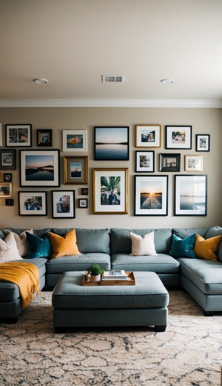 A cozy family room with a large L-shaped sofa centered under a gallery wall filled with various framed artwork and photographs