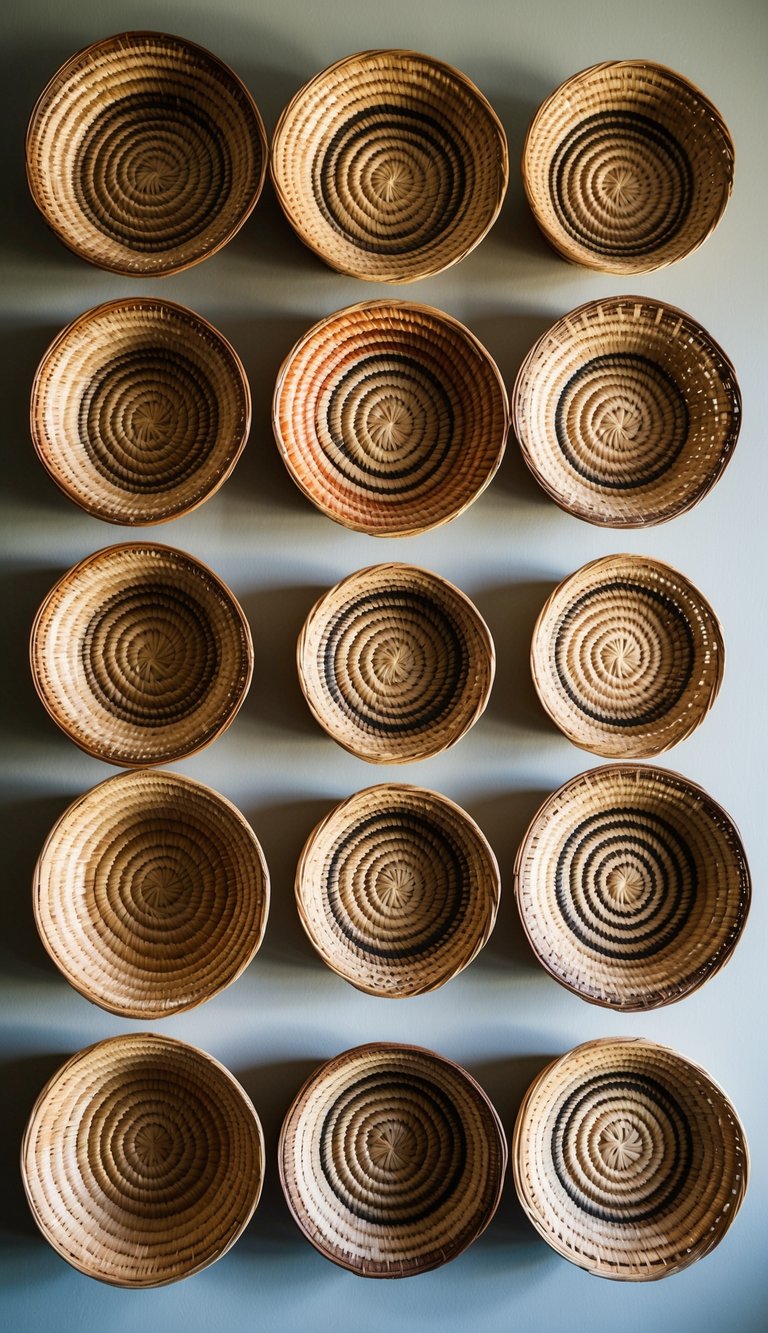A collection of woven baskets arranged in a decorative pattern on a wall
