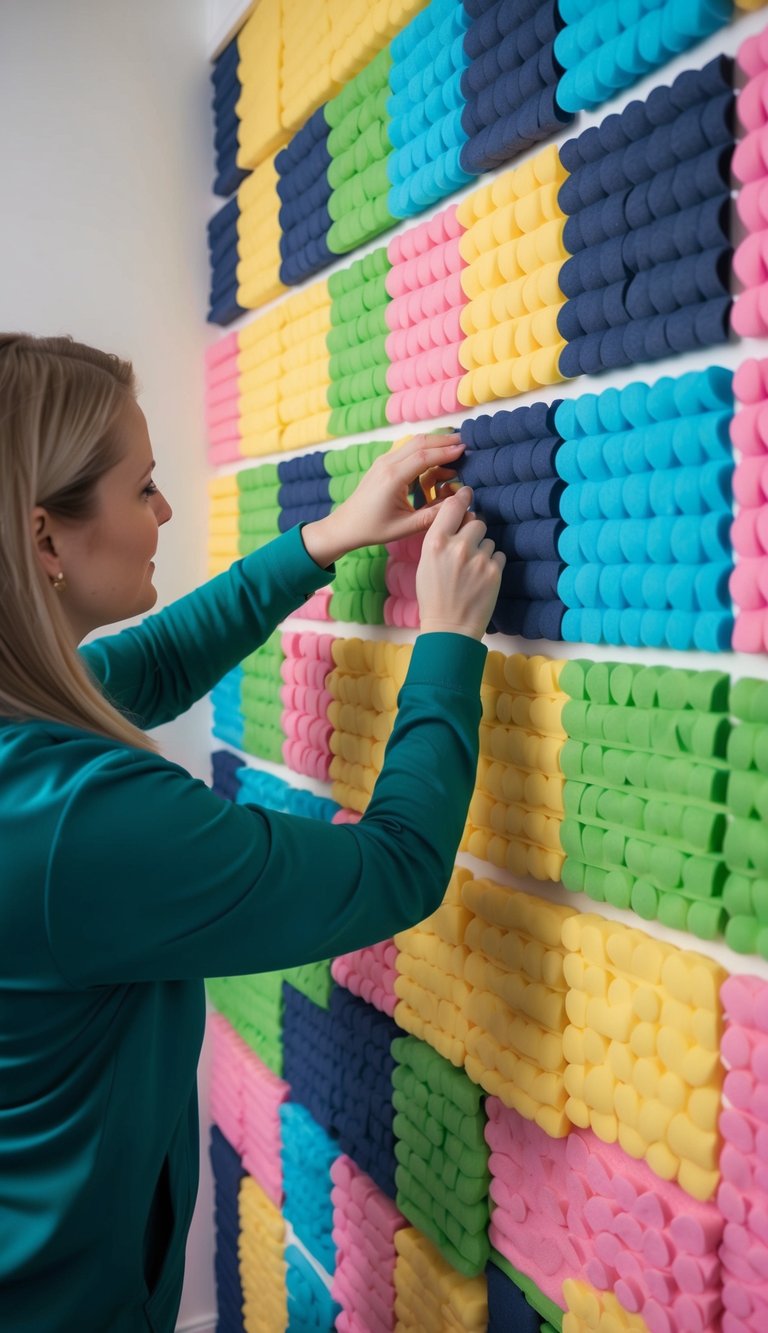 A person decorates a wall with Dollar Tree foam wallpaper, creating a colorful and textured DIY wall decor
