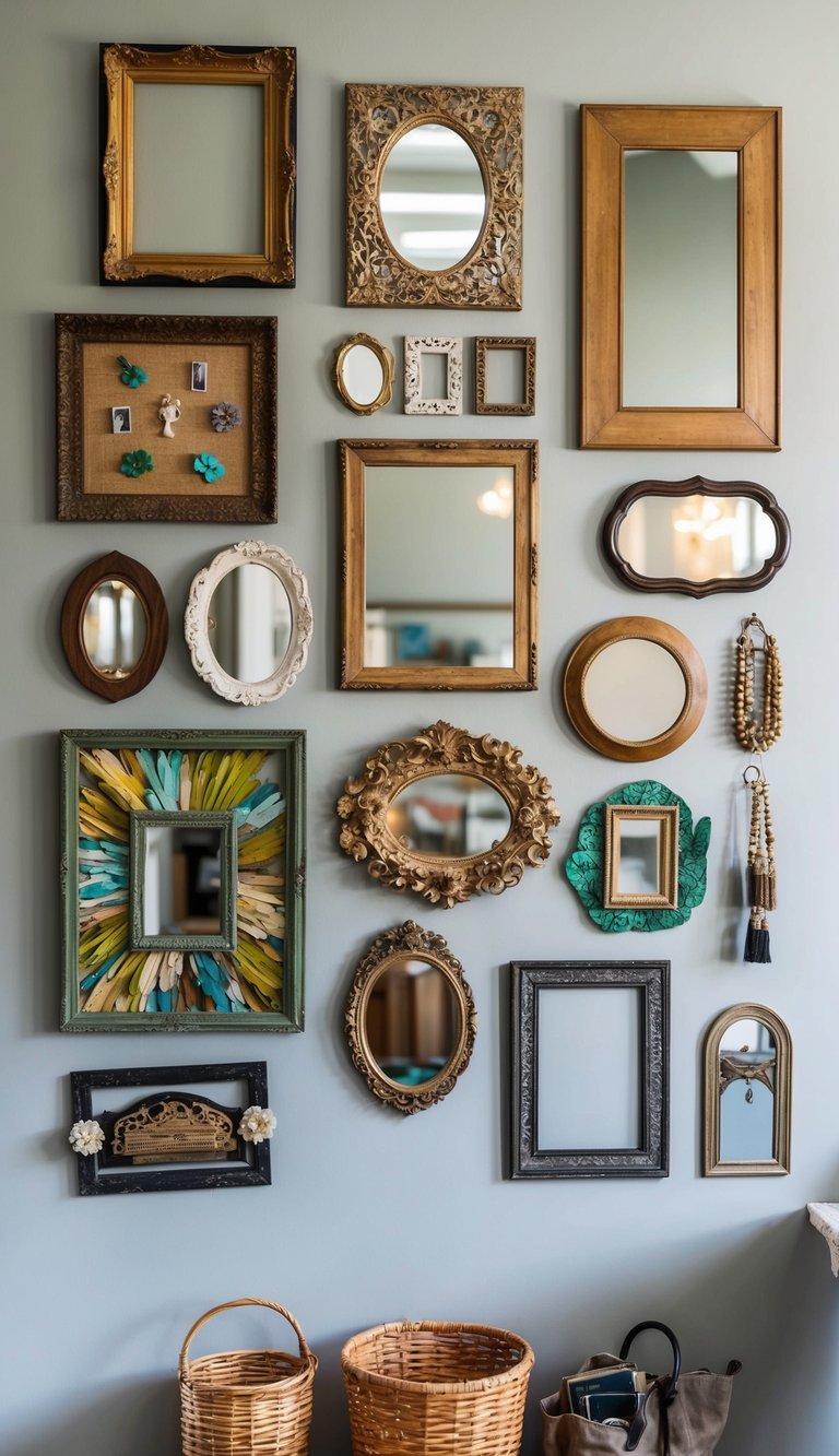 A collection of eclectic thrift store finds arranged on a wall, including vintage frames, mirrors, and various DIY wall decor pieces