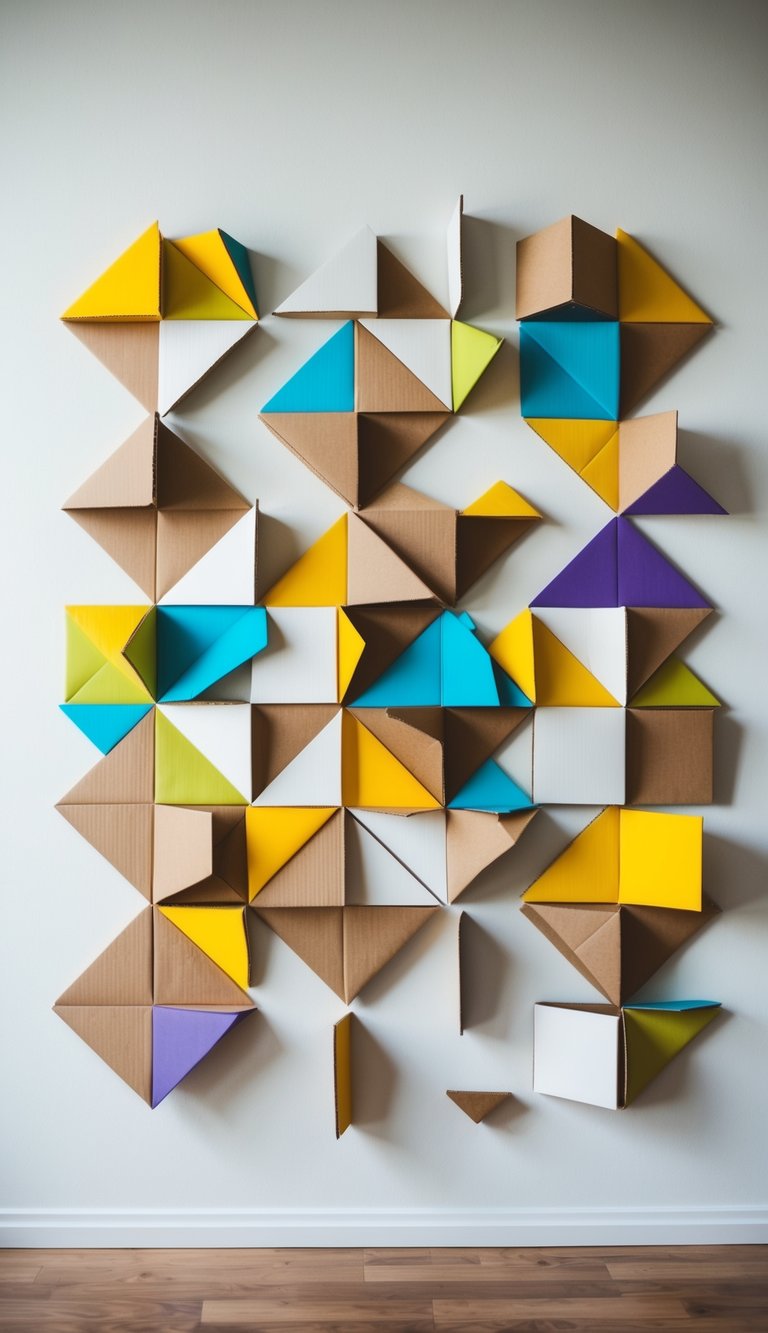 A colorful array of geometric shapes made from recycled cardboard arranged in a dynamic pattern on a blank wall