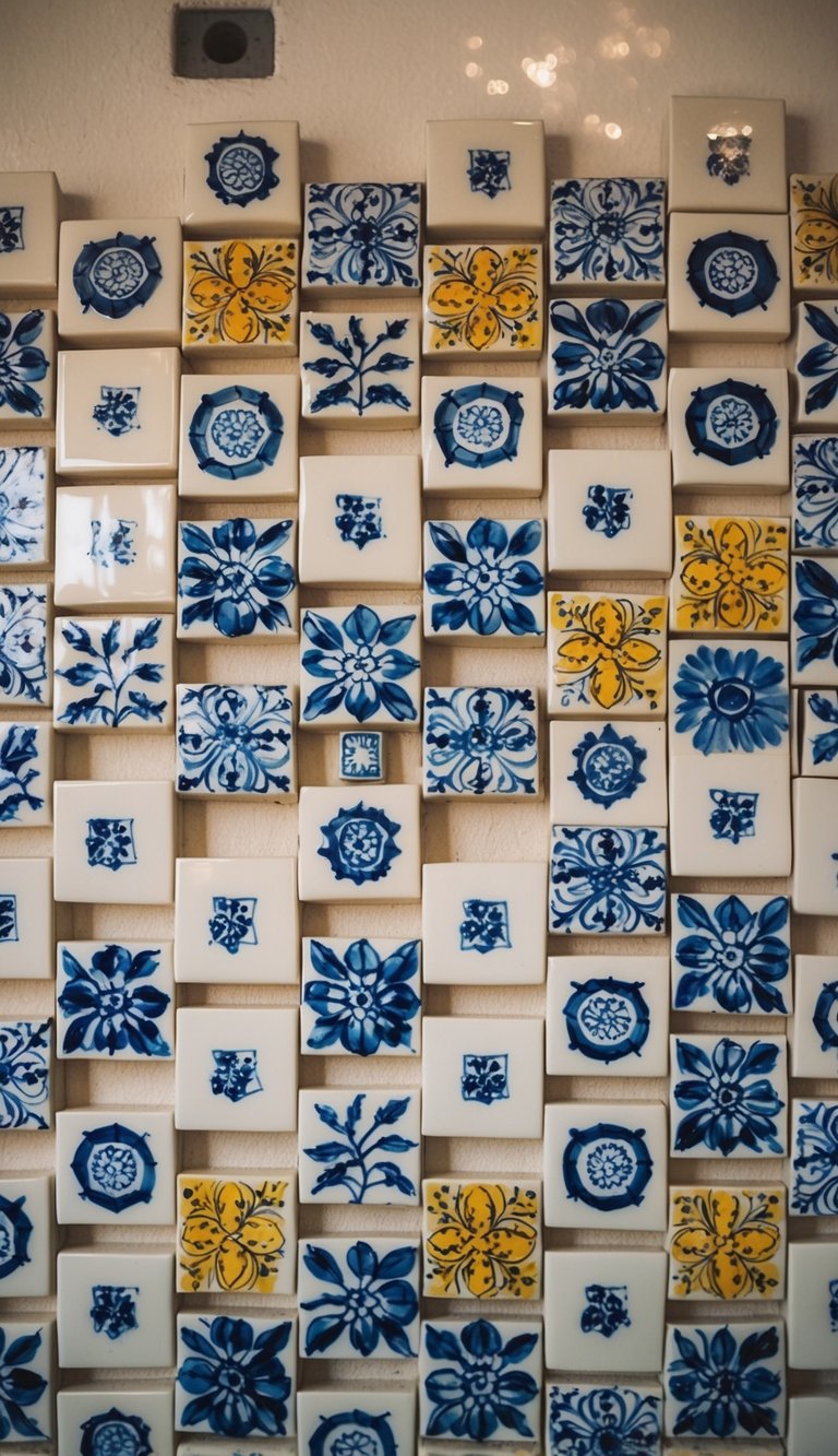 A set of hand-painted ceramic tiles arranged in a decorative pattern on a wall