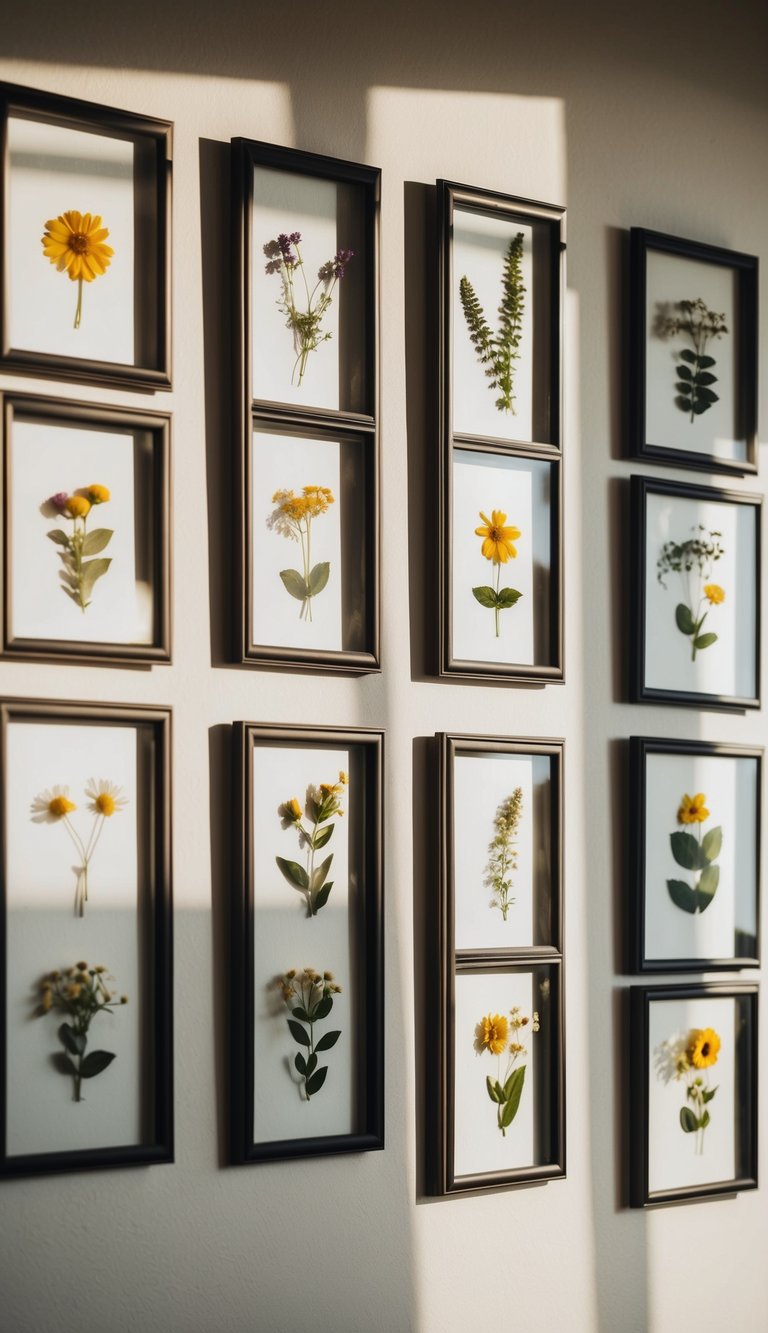 A collection of pressed flower frames arranged on a wall, casting delicate shadows in the soft natural light