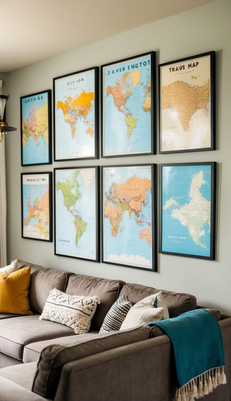 A cozy living room with a gallery wall of framed travel maps, creating a personalized and adventurous DIY wall decor
