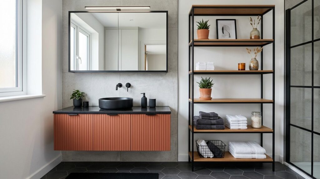 Modern bathroom with terracotta-toned vanity and black accents, featuring a vessel sink, mirrored cabinet, and a tall open shelving unit with neatly folded towels and decor for a clean, contemporary look.