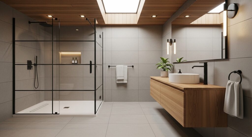 Modern minimalist bathroom with a floating wooden vanity, vessel sink, and black fixtures, featuring a glass walk-in shower, neutral tile walls, and a wood-accent ceiling with a skylight for a warm, spa-like feel.