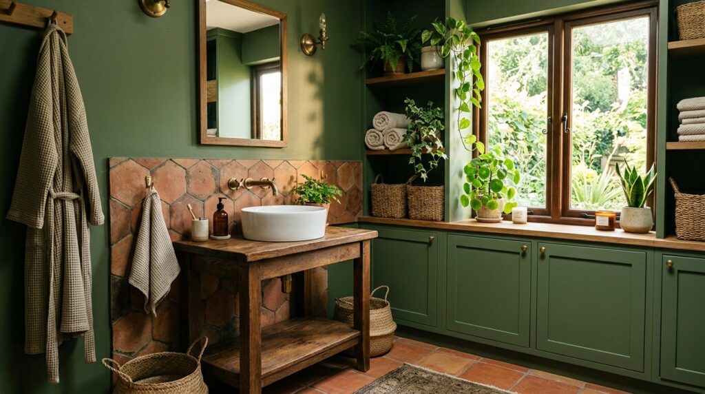 Earthy green bathroom with terracotta tile flooring, featuring a white vessel sink on a wooden stand, built-in green cabinetry, woven baskets, and plants by a window for a fresh, natural look.