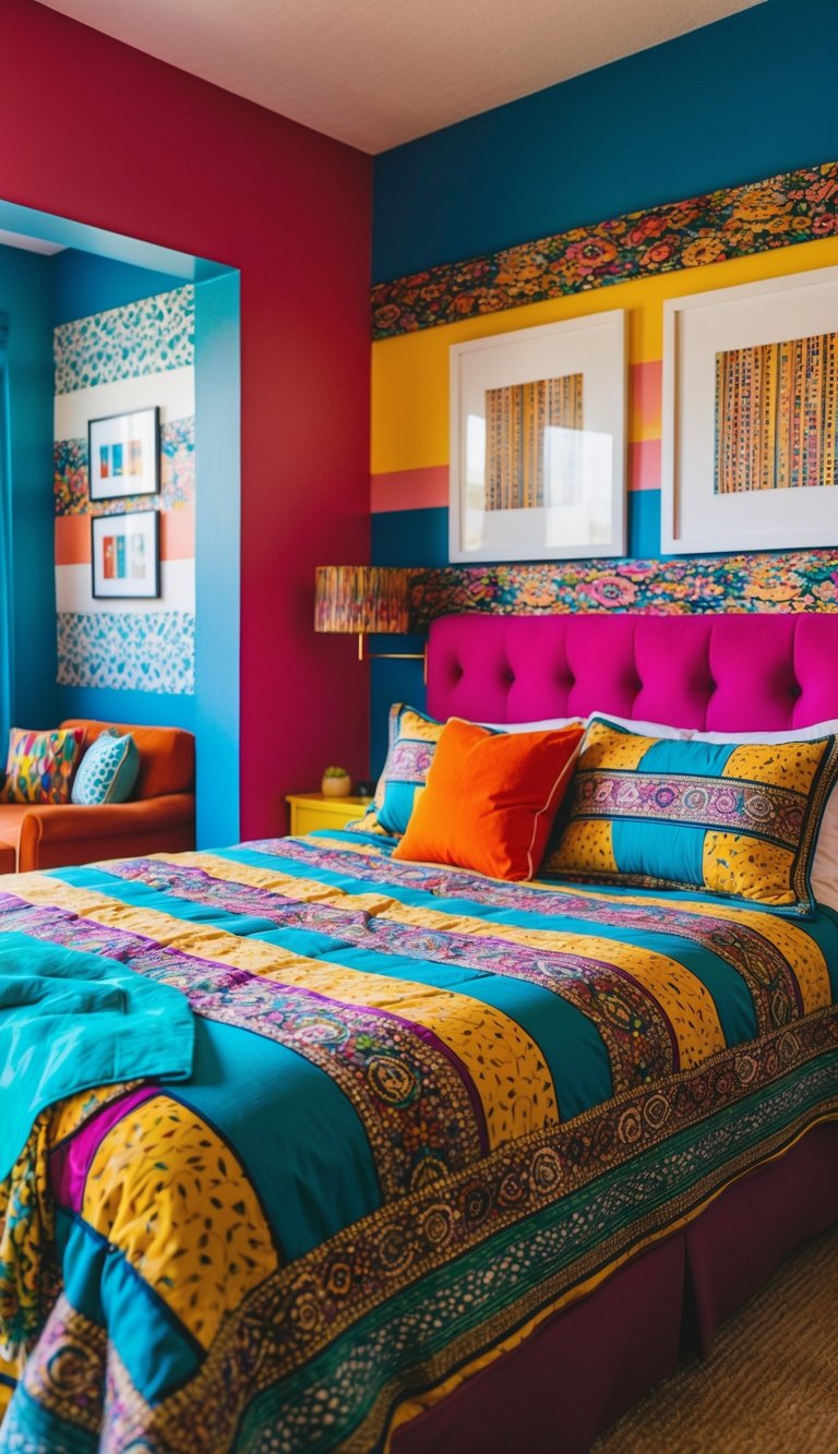 A vibrant, patterned comforter adorns a bold-colored bed in a guest bedroom. The walls are painted in striking hues, and the room is filled with lively patterns and textures