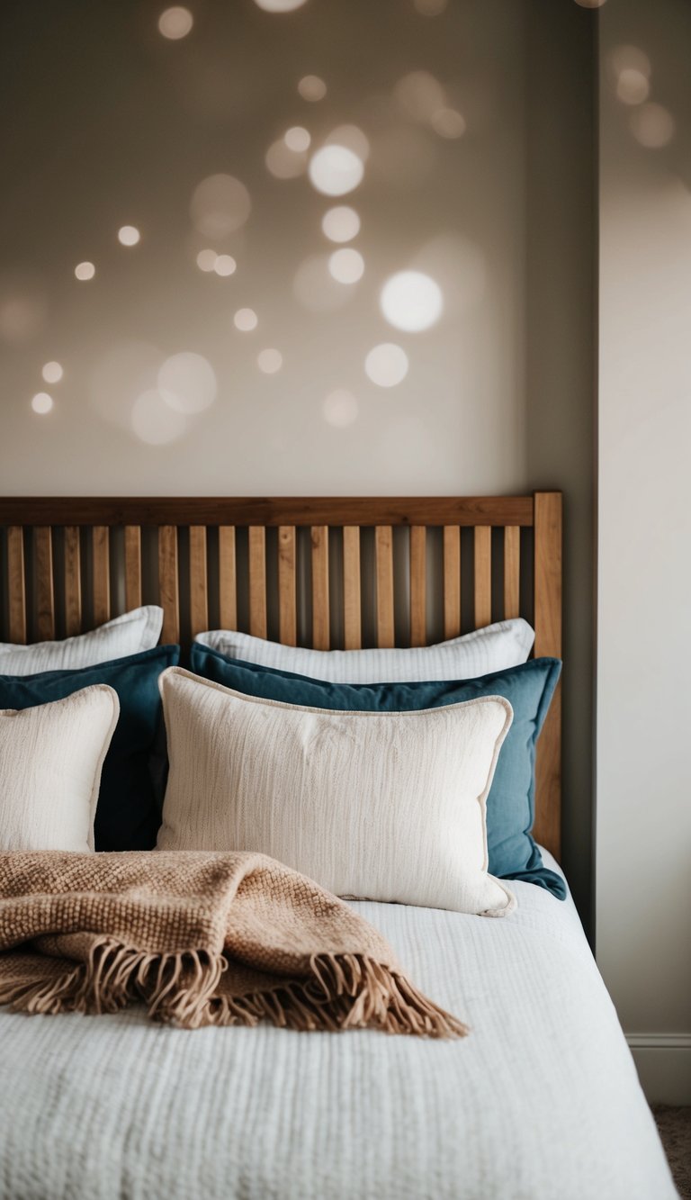 A cozy guest bedroom with a wooden headboard featuring slats, adorned with soft pillows and a warm throw blanket