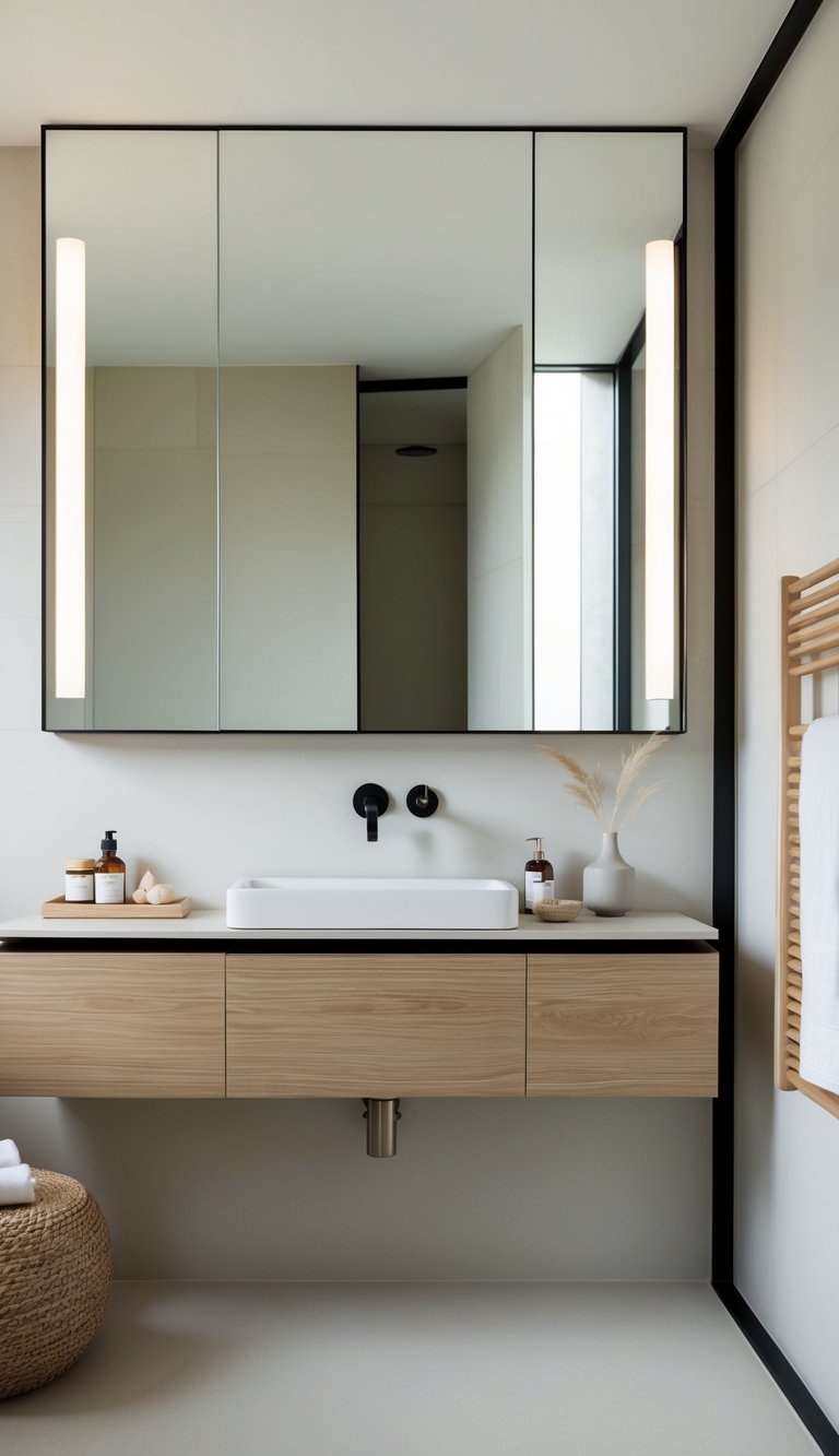 A sleek floating vanity with minimalist design in a serene Japandi bathroom, featuring natural materials and neutral color palette