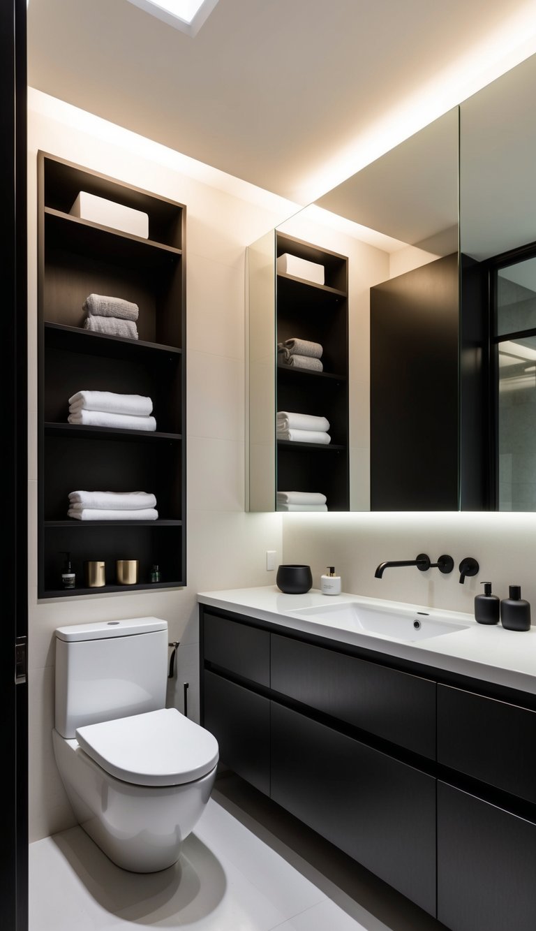 A minimalist bathroom with sleek Japandi design, featuring clever storage solutions such as hidden shelves, wall-mounted cabinets, and integrated drawers