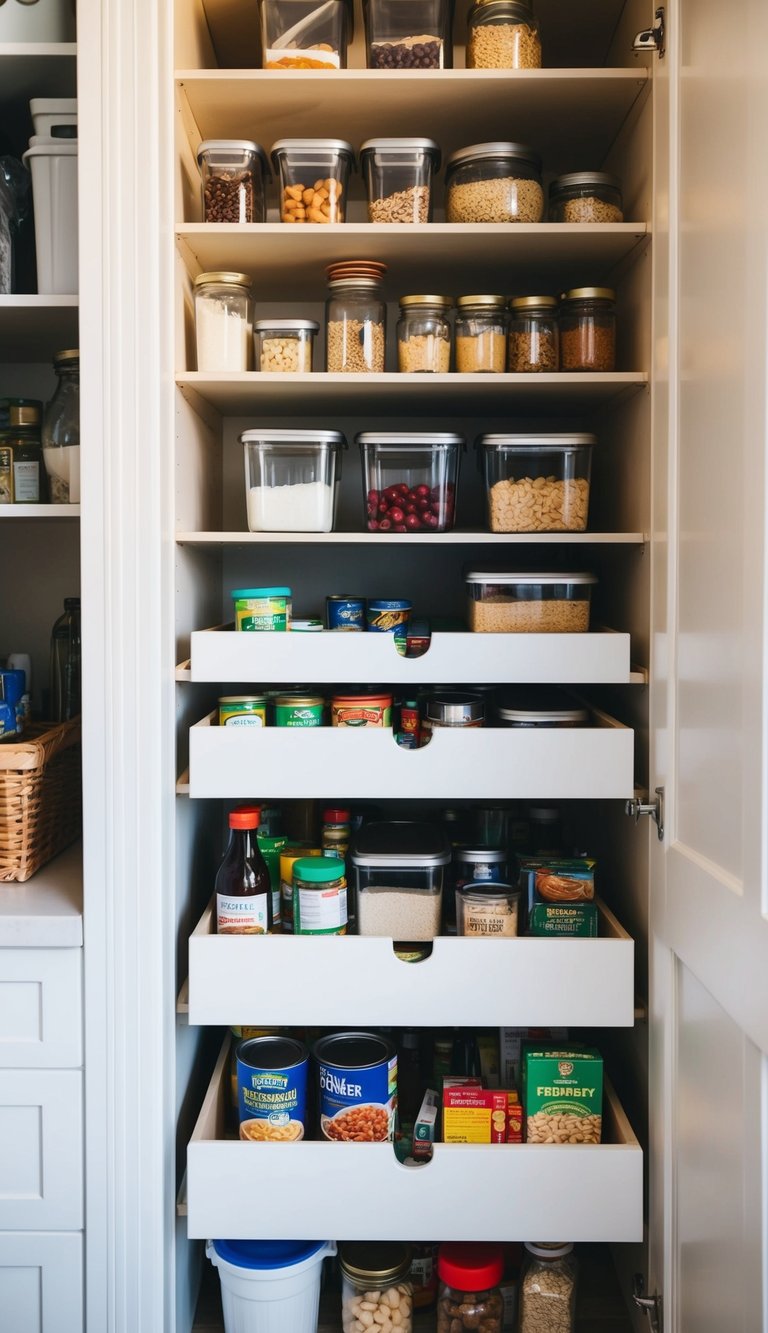 Various sized drawers neatly organized with pantry items