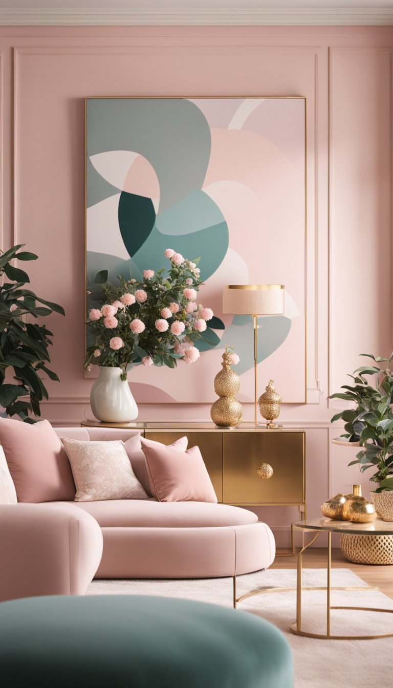 A cozy living room with pastel pink walls, plush furniture, and soft lighting. Delicate floral decor and touches of gold accents add a touch of elegance to the space