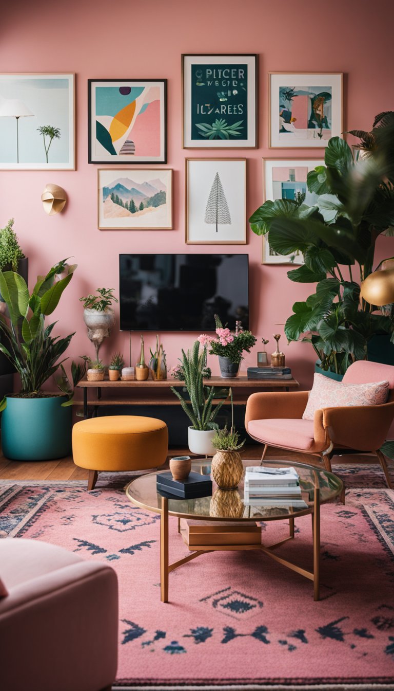 A cozy living room with pink accent walls, vibrant patterned rugs, and a mix of modern and vintage furniture. A gallery wall of colorful artwork and plenty of plants add to the eclectic vibe