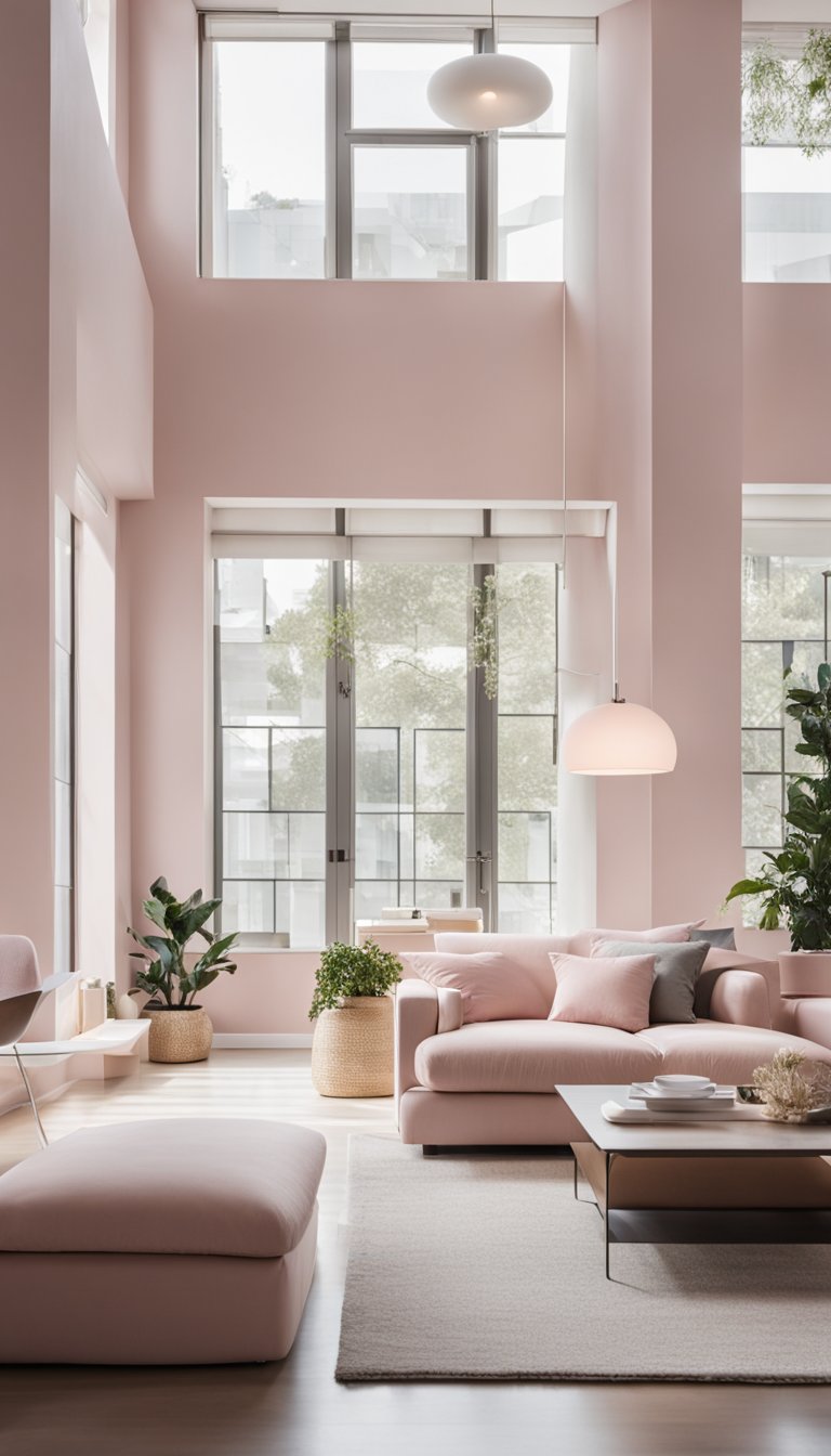 A spacious, modern living room with soft pink accents, clean lines, and minimalistic furniture. Large windows let in natural light, creating a bright and airy atmosphere