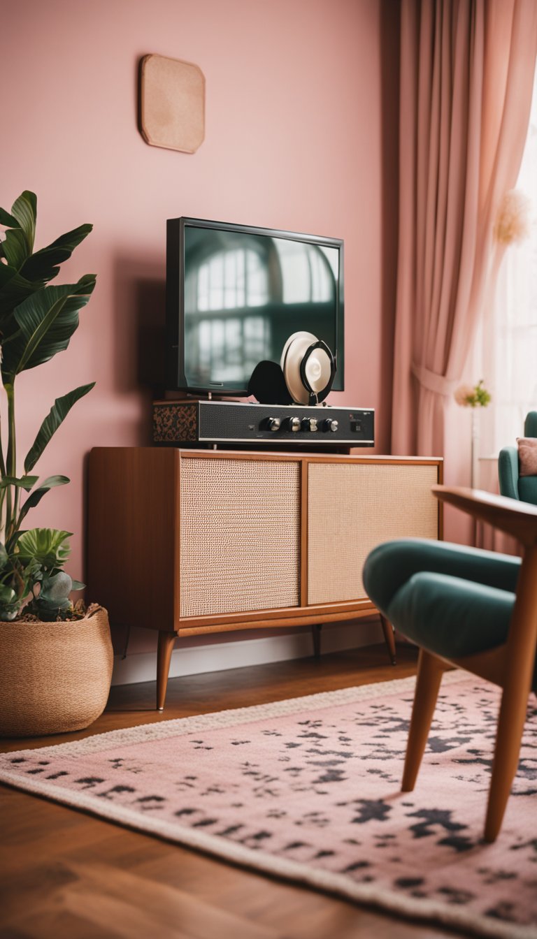 A cozy, vintage-inspired living room with soft pink walls, floral patterned curtains, and retro furniture. A record player sits on a mid-century sideboard, while a plush rug and potted plants add warmth to the space