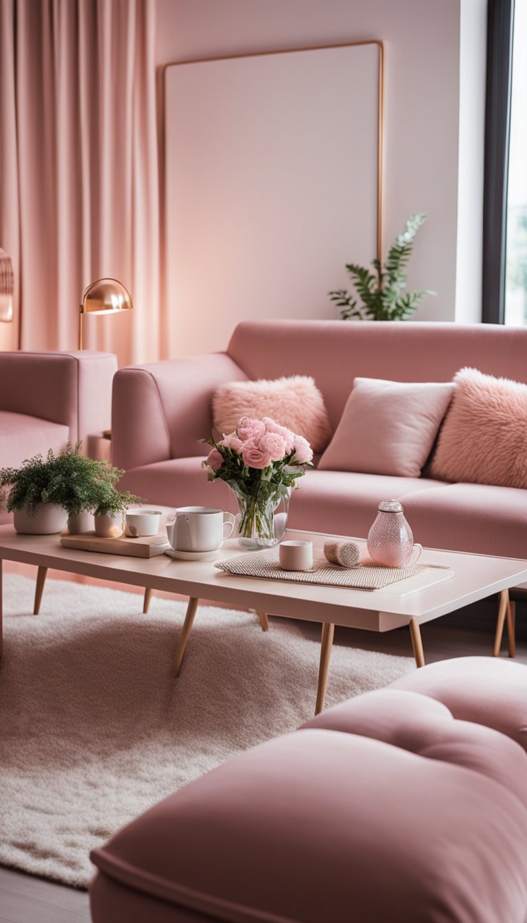 A pink living room with plush sofas, soft blankets, and warm lighting creates a cozy and inviting atmosphere