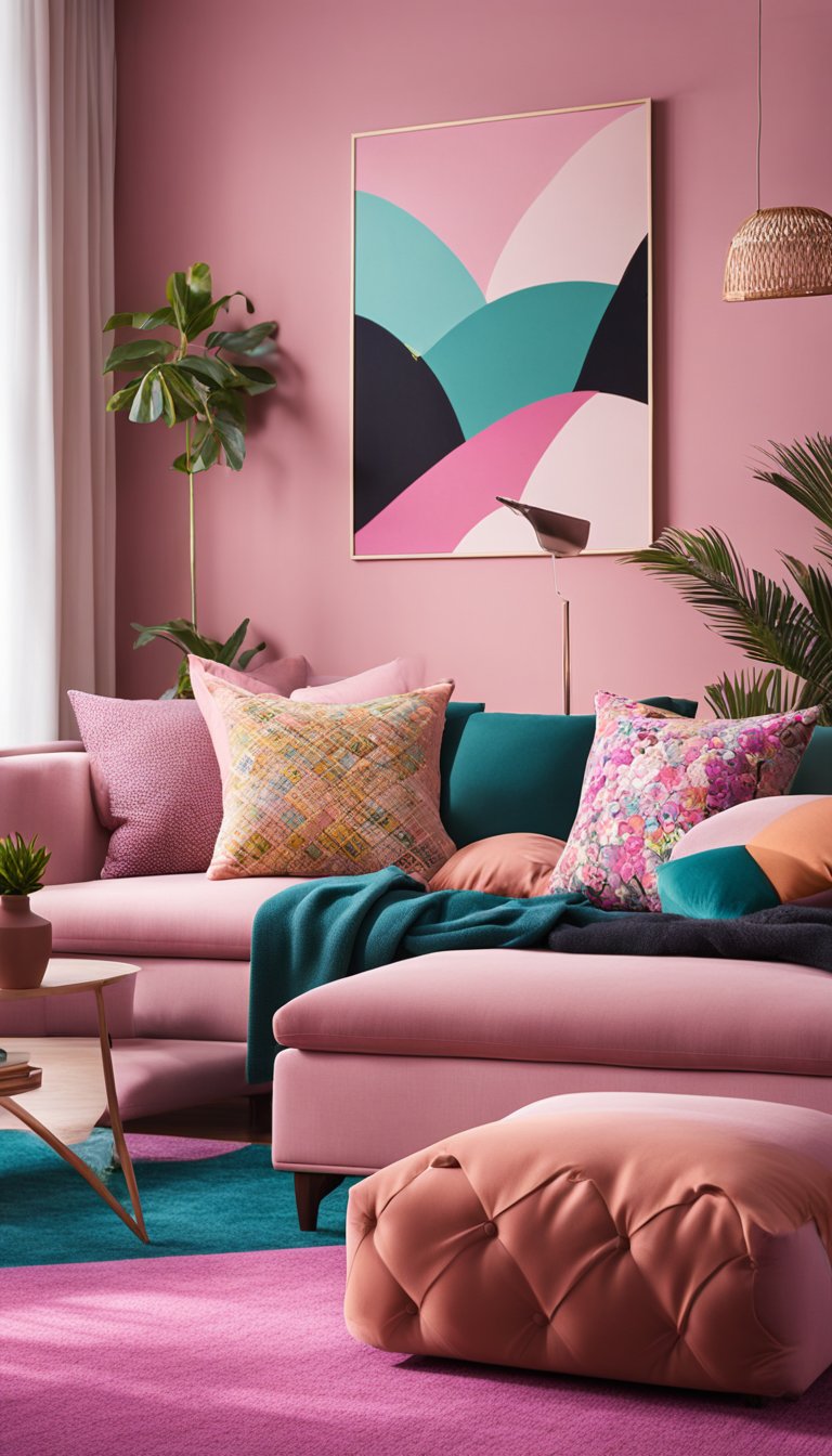 A pink living room with colorful accents, featuring vibrant throw pillows, a bold area rug, and artwork on the walls