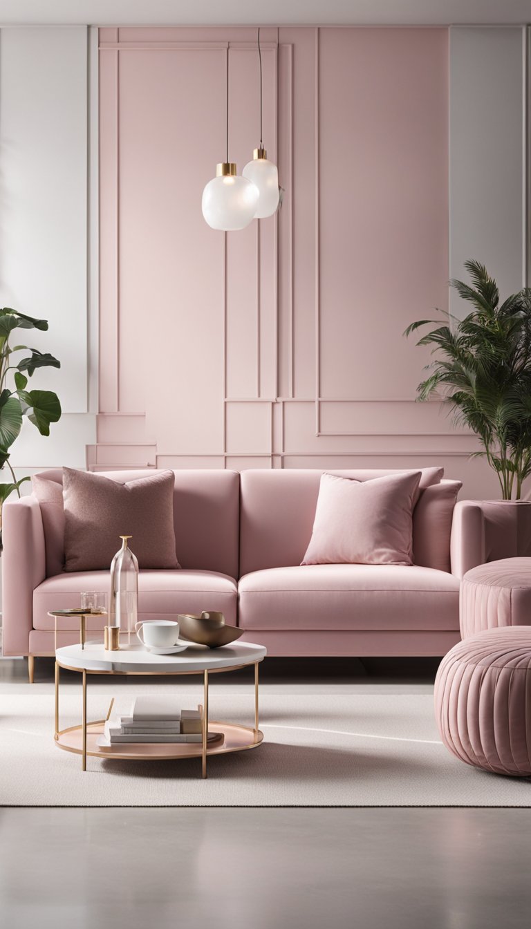 A modern living room with pink accents, clean lines, and elegant furniture. A sleek and sophisticated space with a minimalist aesthetic